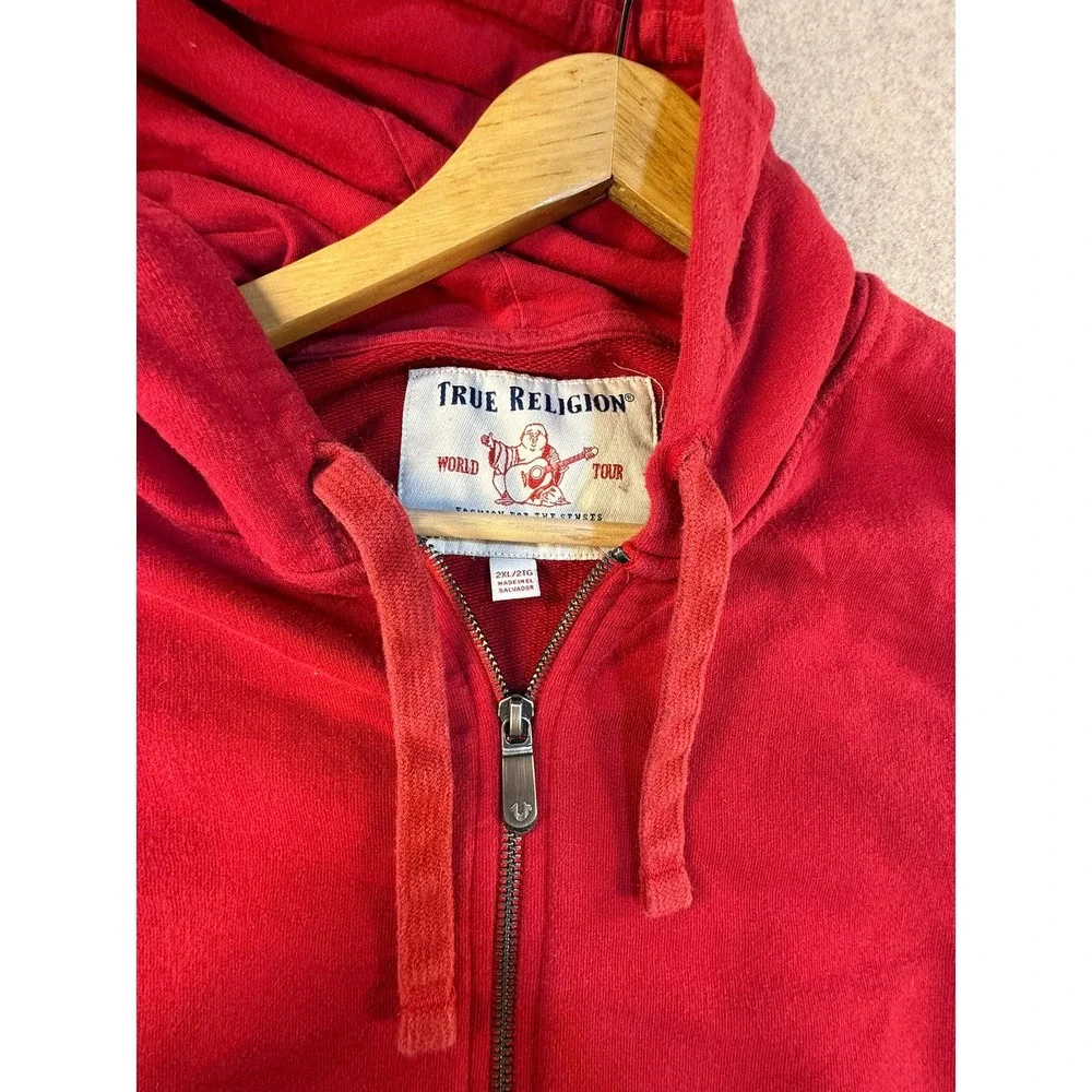 True Religion Mens Red Full Zip Hoodie Gold Horseshoe‎ Logo Sweatshirt 2XL